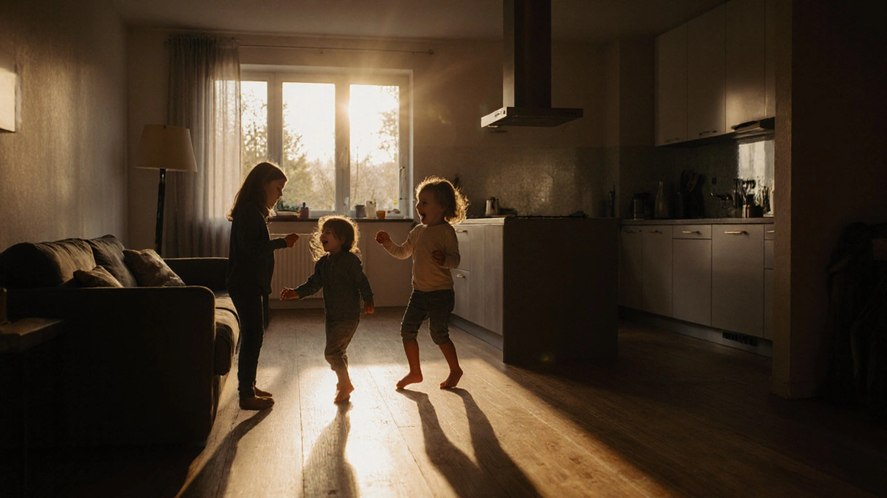 Lichtdurchfluteter offener Wohnbereich mit Familie in warmem Abendlicht.
