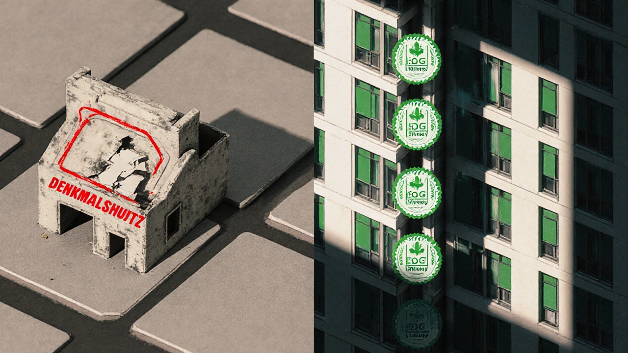 Modell eines Grundstücks mit Kontrast zwischen veraltetem Denkmalschutz und modernem Bau.