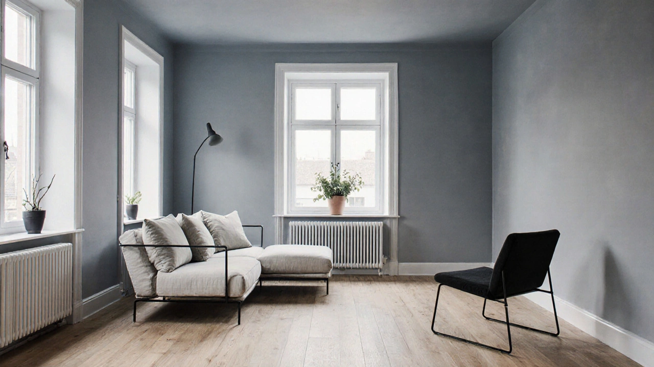 Modernes Wohnzimmer mit blaugrauen Wänden, hellen Holzböden und minimalistischer Einrichtung bei Tageslicht.