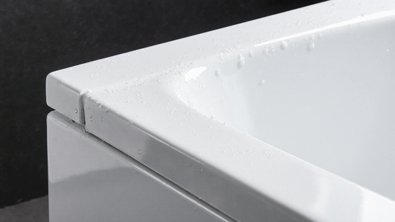 Neu verlegte, glatte weiße Silikonfuge an der Badewanne ohne Schimmel.