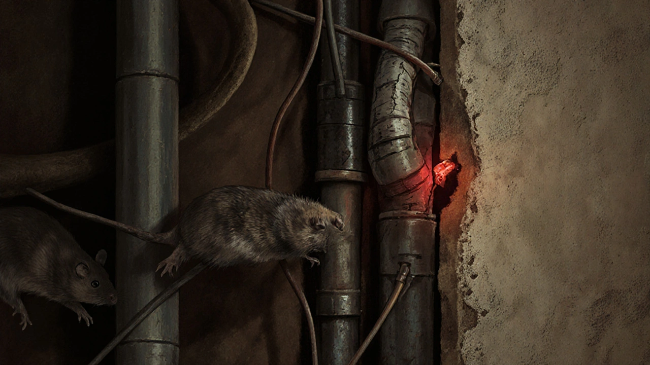 Querschnitt einer alten Wand mit veralteten Kabeln und Nagetierschäden neben modernen Leitungen.