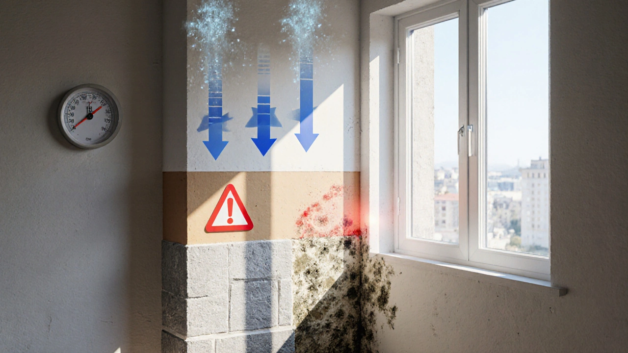 Querschnitt einer feuchten Wand mit Wasserdampf, der durch geöffnete Fenster entweicht, Schimmel an der Ecke durch schlechte Luftzirkulation.