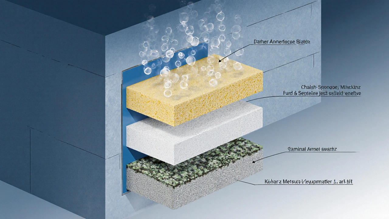 Querschnitt einer Kellerwand mit atmungsaktivem Aufbau und feuchteleitendem Putzsystem.
