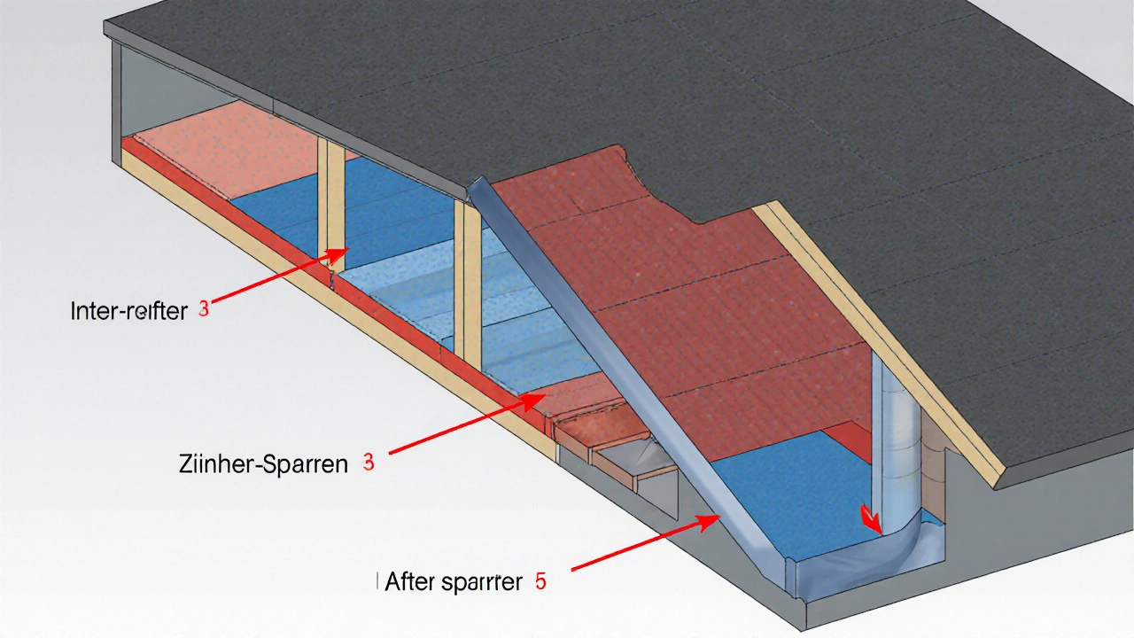 Schematische Darstellung der drei Dachdämmmethoden mit Wärmeflussrichtungen und Wärmebrücken.