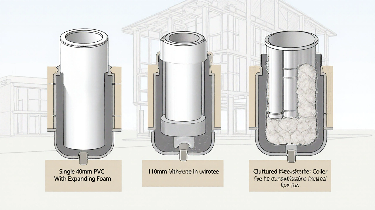 Schematische Darstellung verschiedener Rohrdurchführungen mit zulässigen Brandschutzmaterialien.