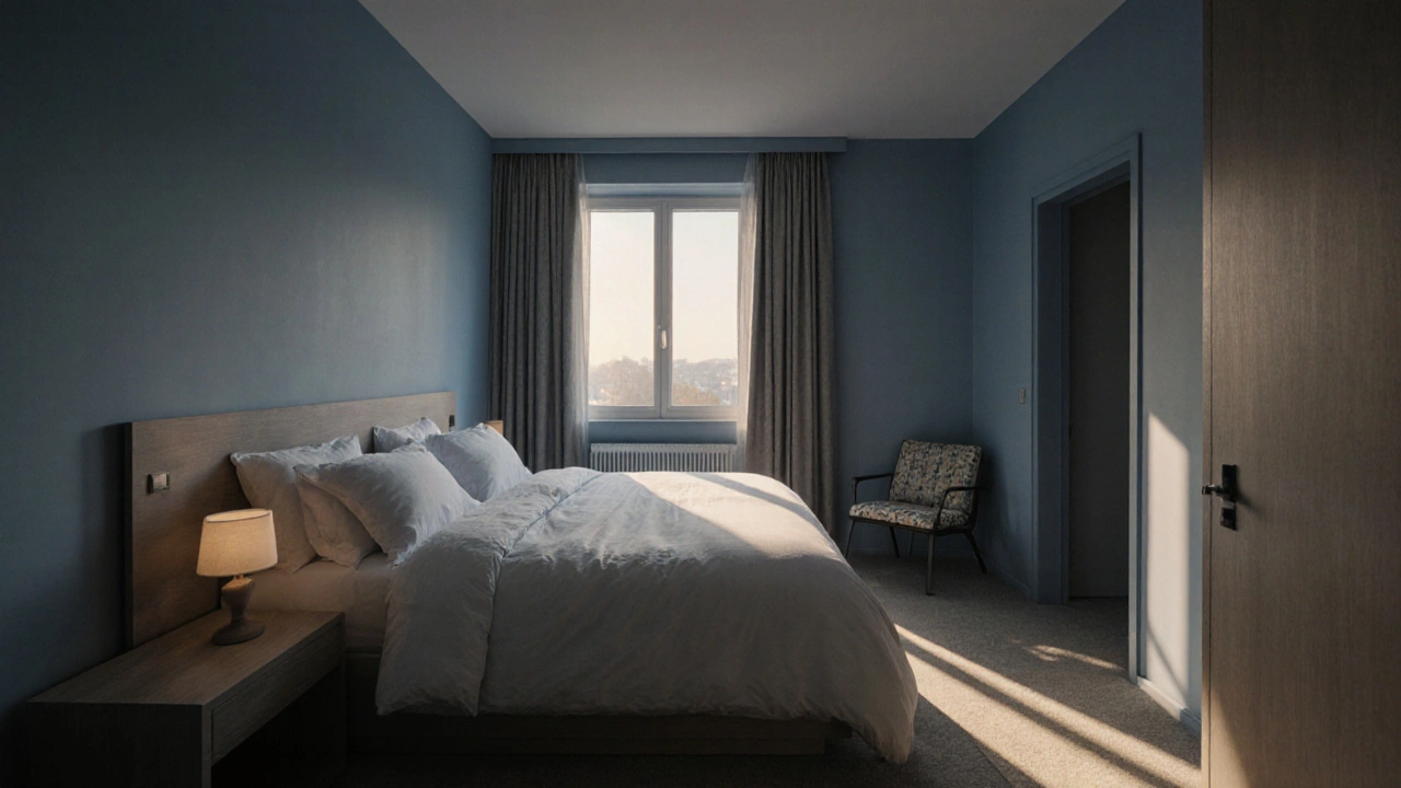 Schlafzimmer mit Bett neben der Wand, sanftem Licht und ruhiger Farbgebung für Entspannung.