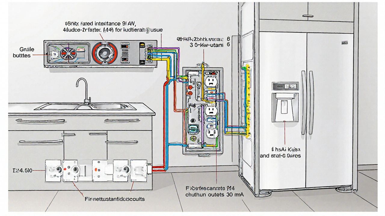 Schnittansicht der elektrischen Installation in einer Küche mit drei separaten Stromkreisen und FI-Schutzschaltern.
