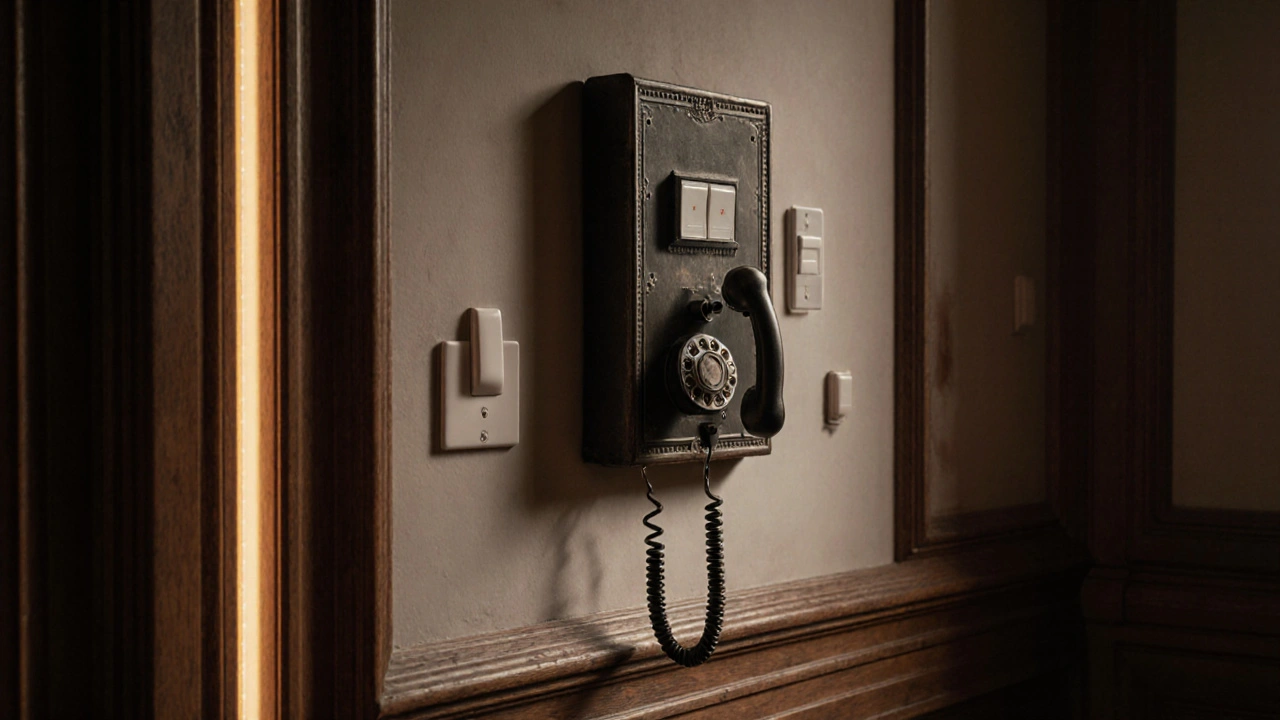 Smart-Home-Steuerung in Form eines antiken Telefons an einer historischen Wand.