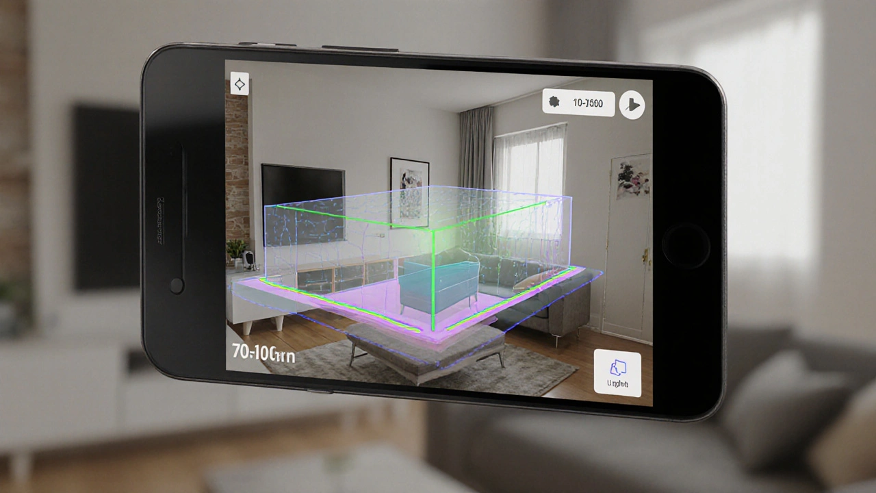 Smartphone mit 3D-Raumplanungs-App, die Möbelpositionen und Abstände visualisiert.