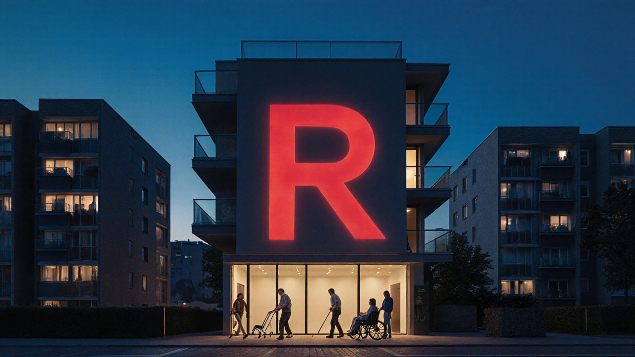 Stadtbild mit mehreren Wohnhäusern, eines mit erkennbarem rollstuhlgerechtem Eingang und vielfältigen Nutzern.