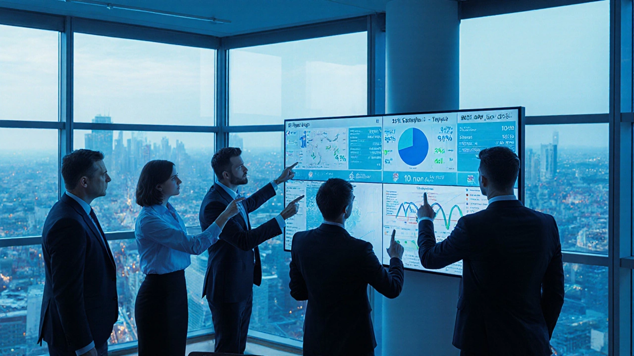 Team aus Experten analysiert KI-Daten zu Marge und Genehmigungszeiten in einem Planungszimmer.