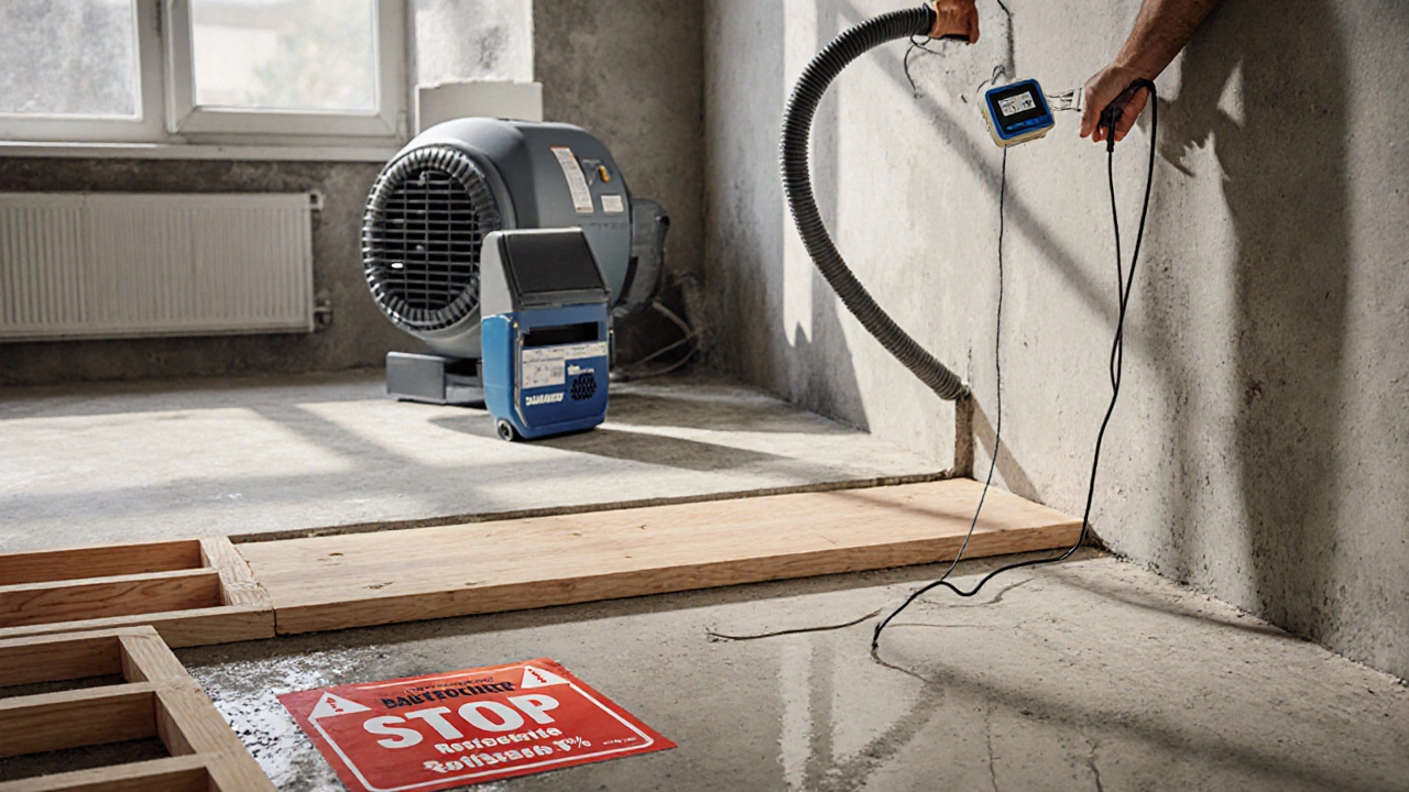 Techniker misst die Restfeuchte einer Wand mit einem CM-Gerät, Bautrockner im Hintergrund, Warnschild auf dem Boden.