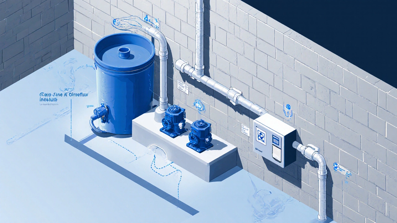 Technische Darstellung einer Abwasserhebeanlage mit Pumpen, Behälter und Smart-Steuerung in einer Kellerwand.