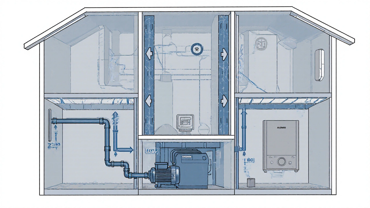 Technische Darstellung einer zentralen Warmwasserzirkulation mit Pumpe, Mischventil und isolierten Rohren in einem mehrstöckigen Haus.