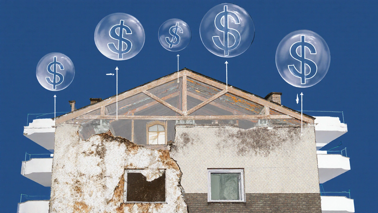 Transparenzansicht eines renovierten Altbauhauses mit verborgenen Schäden und Geldfluss-Pfeilen