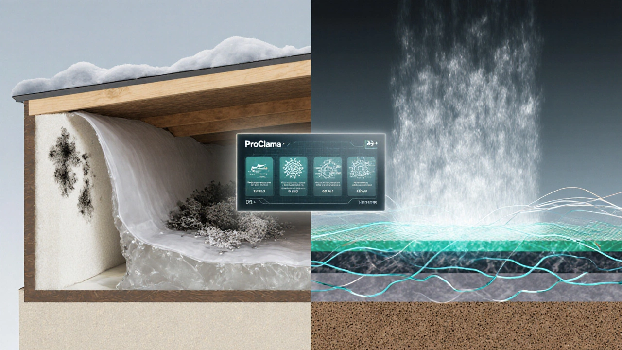 Vergleich: Feuchtevariable Dampfbremse lässt Feuchtigkeit entweichen, klassische Folie speichert sie.