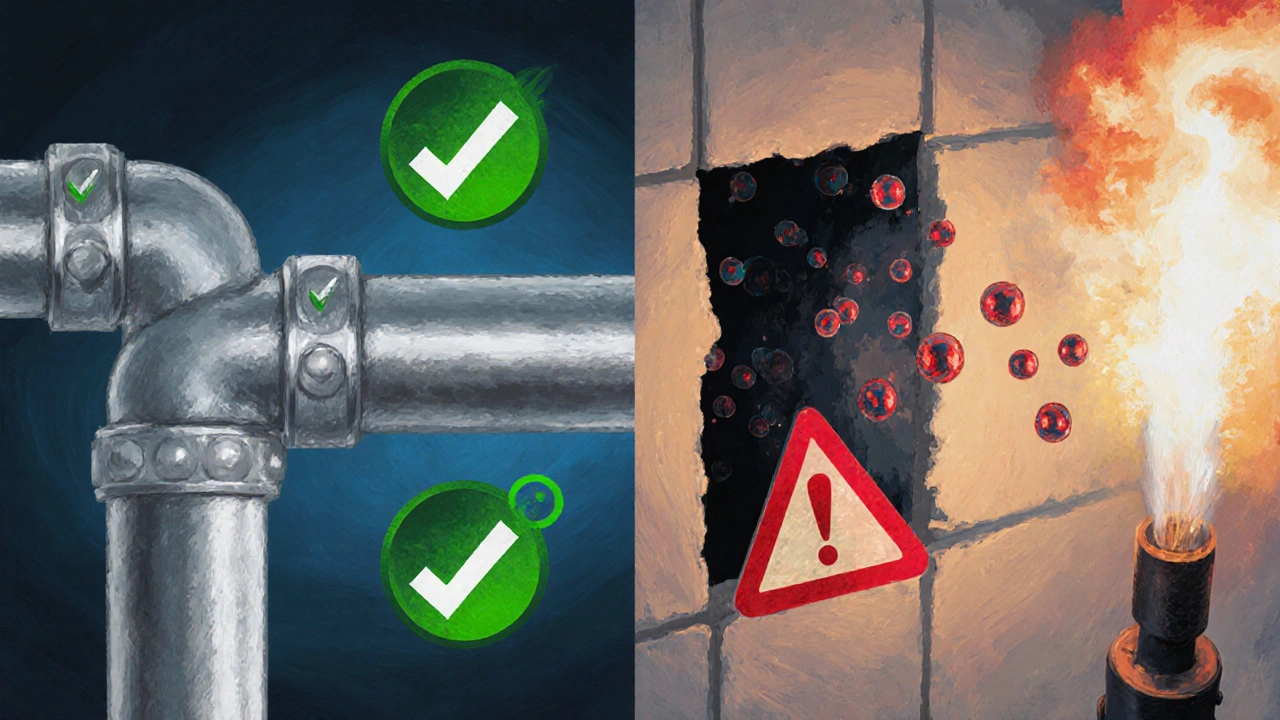 Vergleich: sichere Gasleitung links, verborgene Leckage mit Explosionsgefahr rechts.