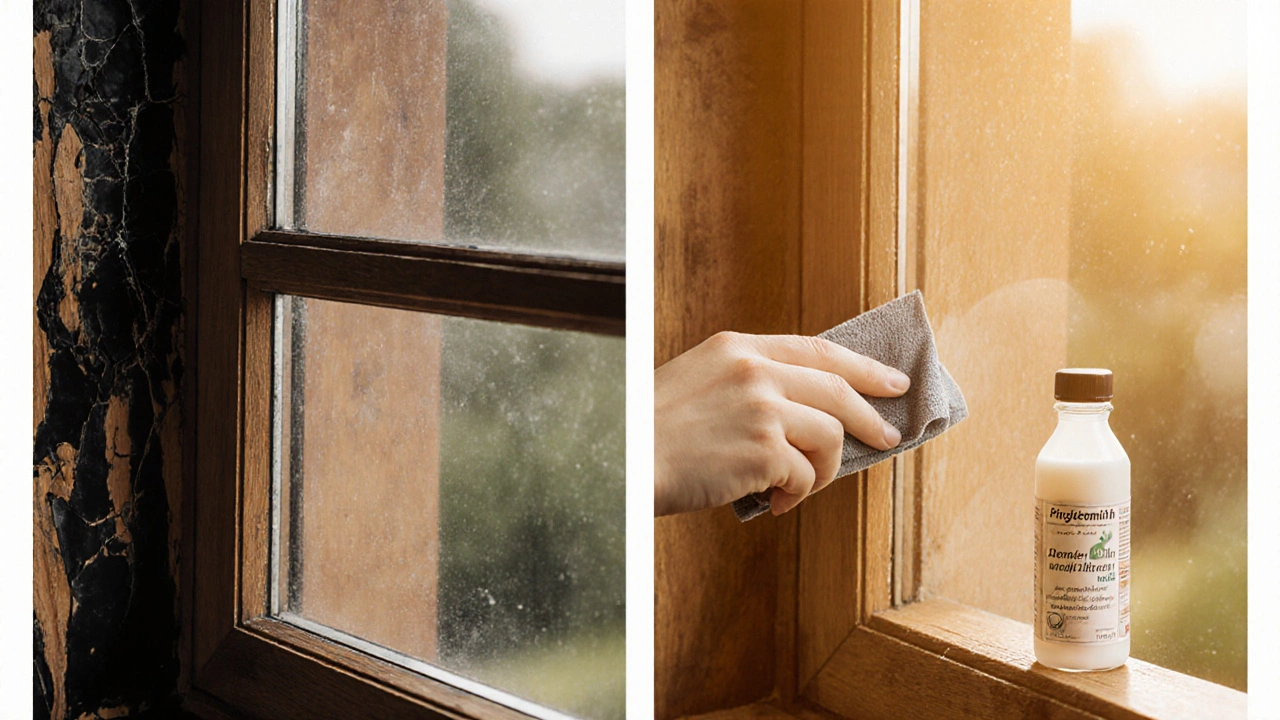 Vergleich von abblätterndem Lack und gepflegter Lasur an einem Holzfenster mit Pflegemilch-Tuch