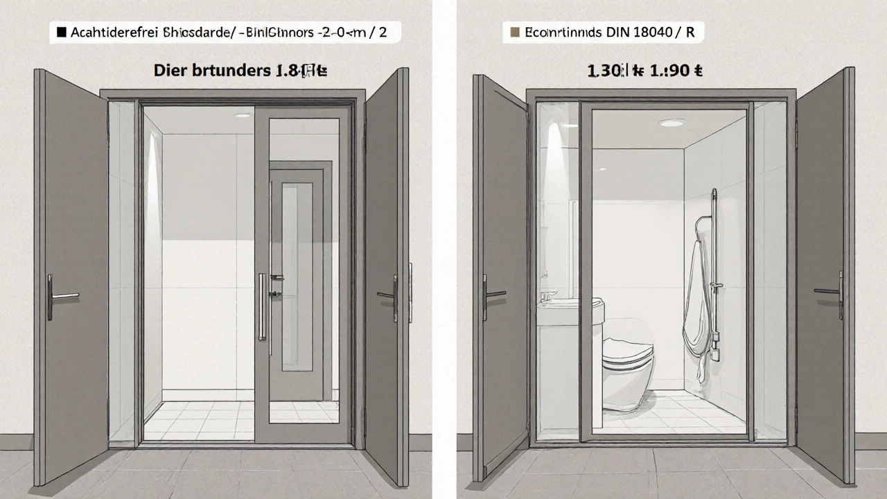 Vergleich zweier Wohnungen: standard barrierefrei und rollstuhlgerecht mit erweiterten Maßen.