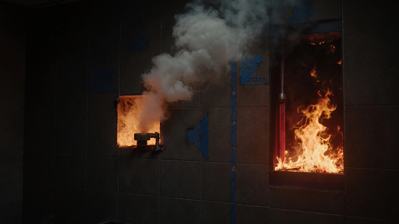 Vergleich zwischen fehlerhafter und korrekter Brandschutzabschottung bei einem simulierten Brand.