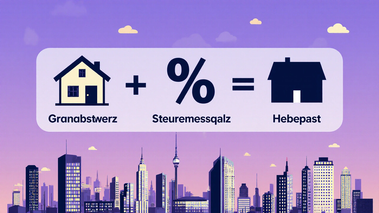 Visuelle Darstellung der neuen Grundsteuerformel 2025 mit Haus, Prozentzeichen und Stadt skyline.