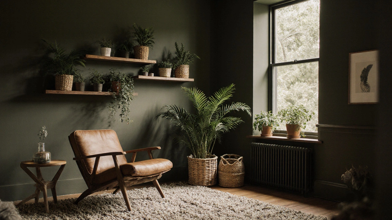 Wohnzimmer mit tiefem Olivgrün an den Wänden, Pflanzen und natürlichen Materialien in ruhigem Tageslicht.