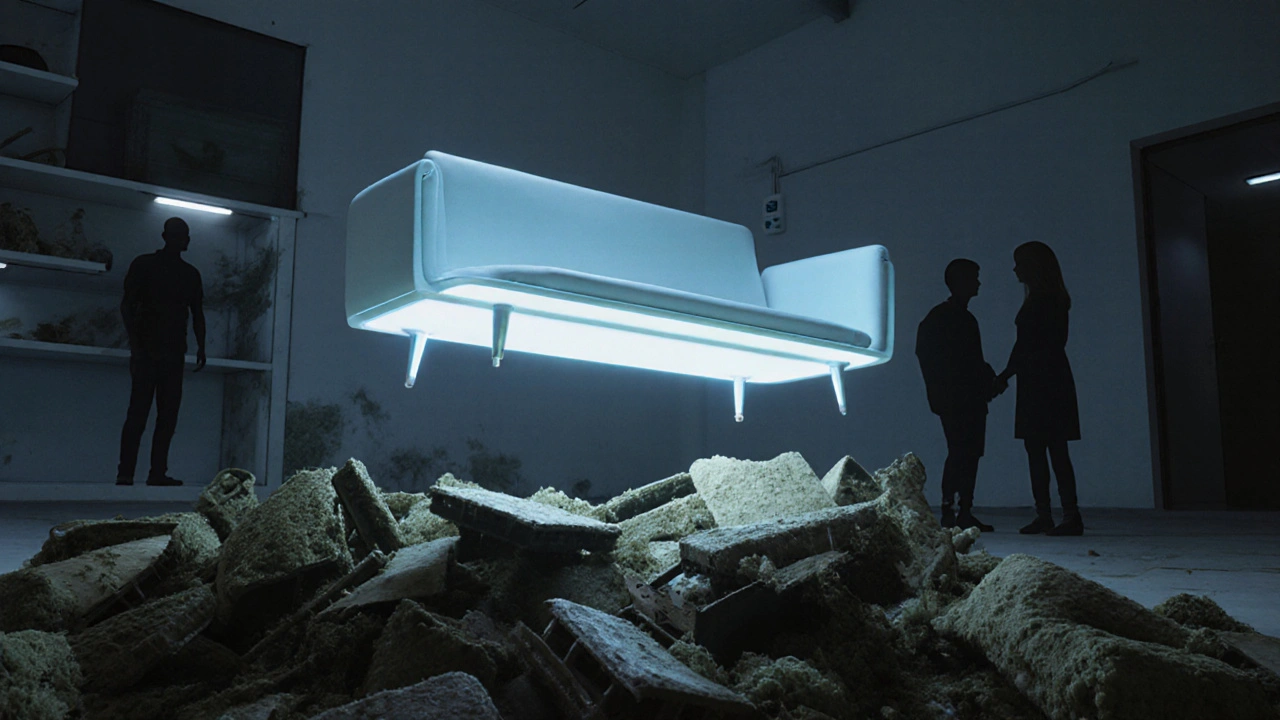 Zukunftsdesign-Möbel mit antimikrobieller Technologie, über einem Haufen entsorgter Schimmelmöbel schwebend.