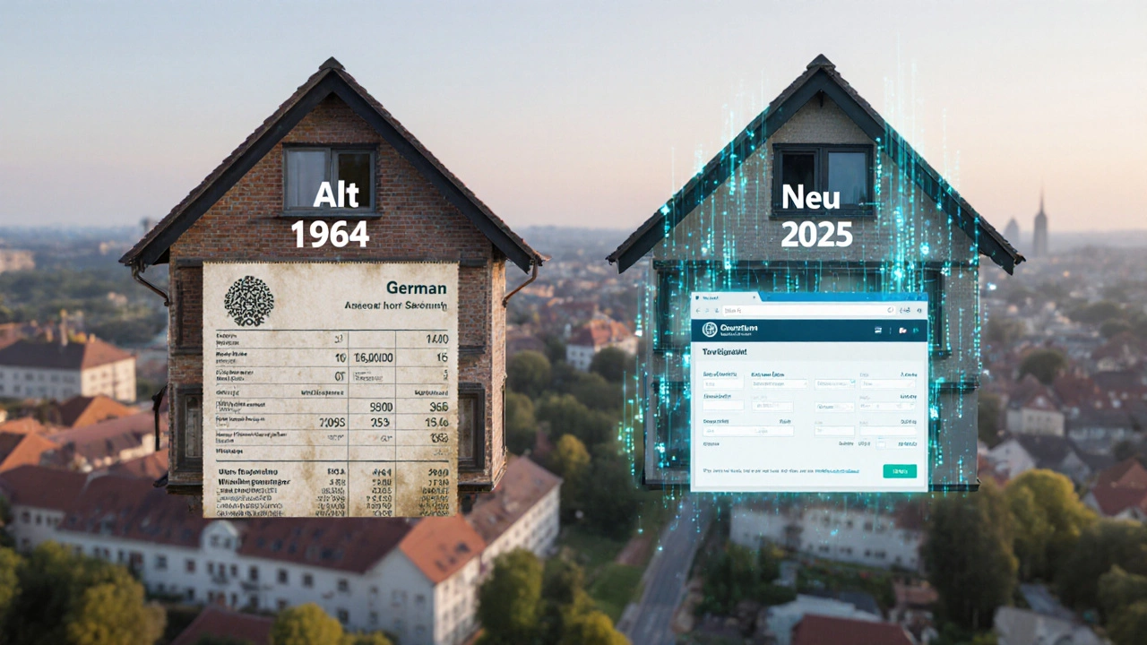 Zwei Häuser nebeneinander: alt mit kleiner Steuer, neu mit digitaler Berechnung und höherer Abgabe.