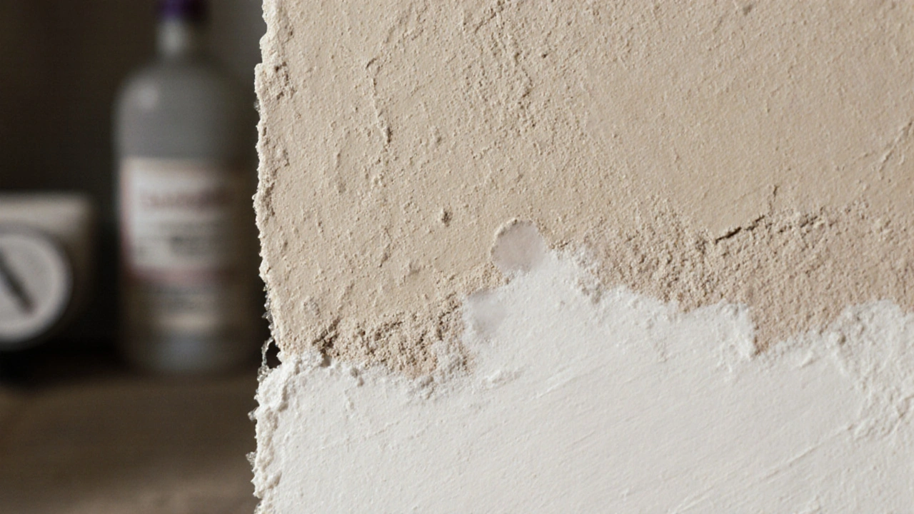 Zwei Schichten Sanierputz an einer Kellerwand mit glatter Oberfläche und feuchtem Abzug.