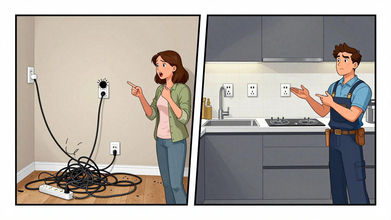 Comic-Stil-Darstellung: links ein chaotischer Küchensteckdosen-Überlastungsfall, rechts eine ordentliche, normgerechte Lösung mit USB-Anschlüssen und klarem Abstand zum Spülbecken.