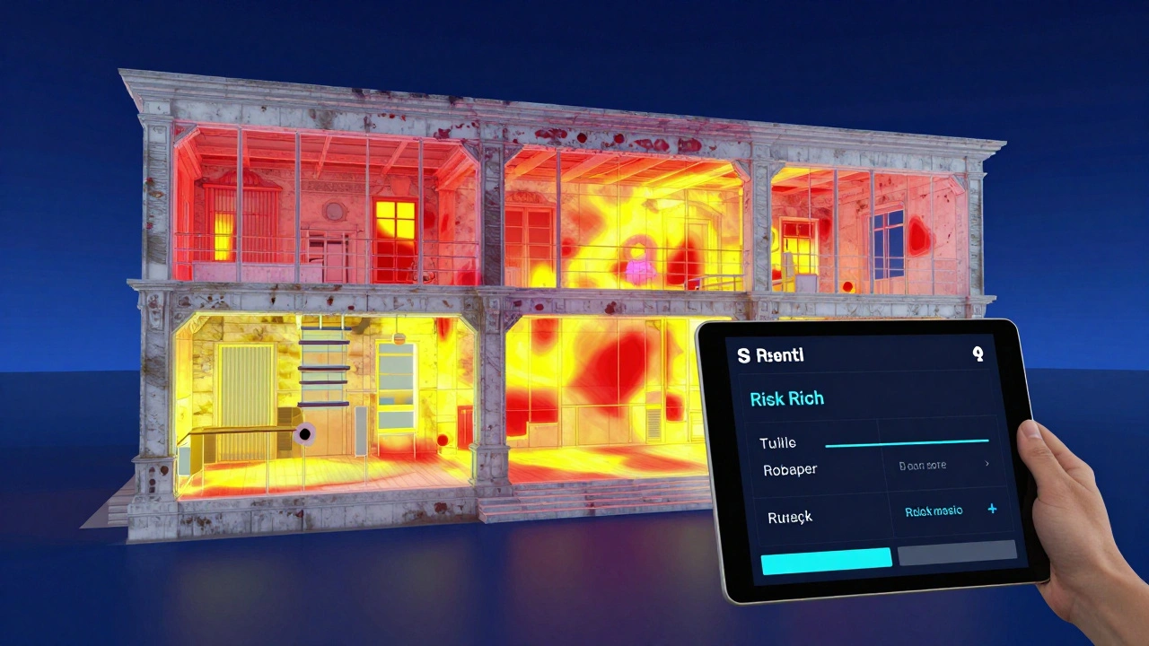 Digitale 3D-BIM-Ansicht eines Altbaus mit sichtbaren strukturellen Risikopunkten in Farbcode.