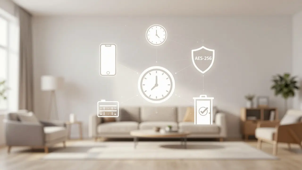 Digitale Schlüsselbund-Konzept: Smartphone, Uhr, Schild und Batterie als Symbole über einem Haus schwebend.