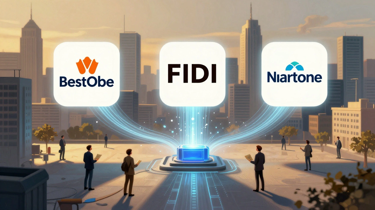 Drei führende Immobilienplattformen über einer deutschen Stadt, deren Datenströme in eine KI-Zentrale fließen.