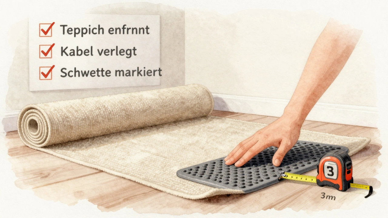 Eine Antirutschmatte wird unter einen Teppich gelegt, ein Lineal zeigt 3mm Höhenunterschied.