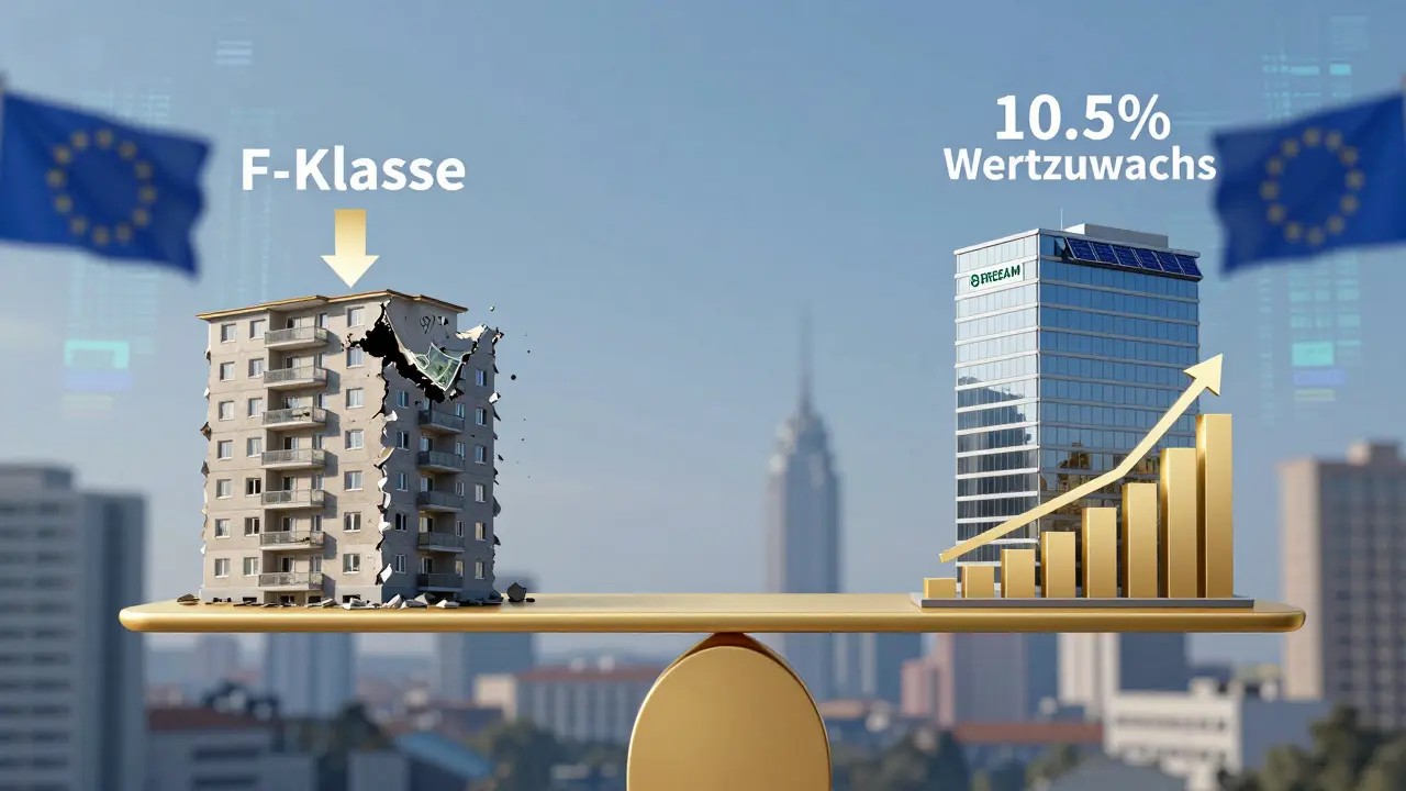 Eine Waage, die ein veraltetes Gebäude mit hohen Kosten gegen ein grünes, zertifiziertes Gebäude mit steigendem Wert abwägt.