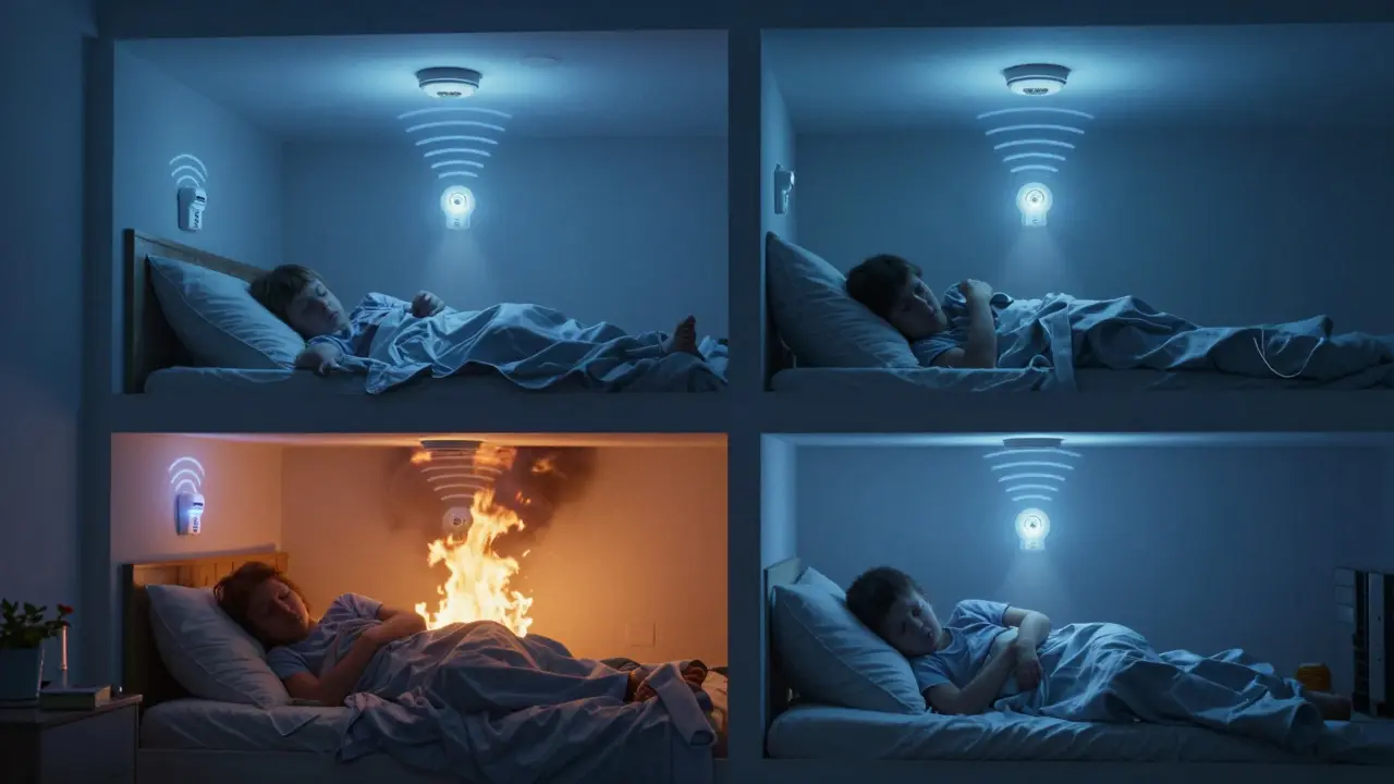 Familie schläft in einem Haus, während vernetzte Rauchmelder durch unsichtbare Signale alle Bereiche warnen.