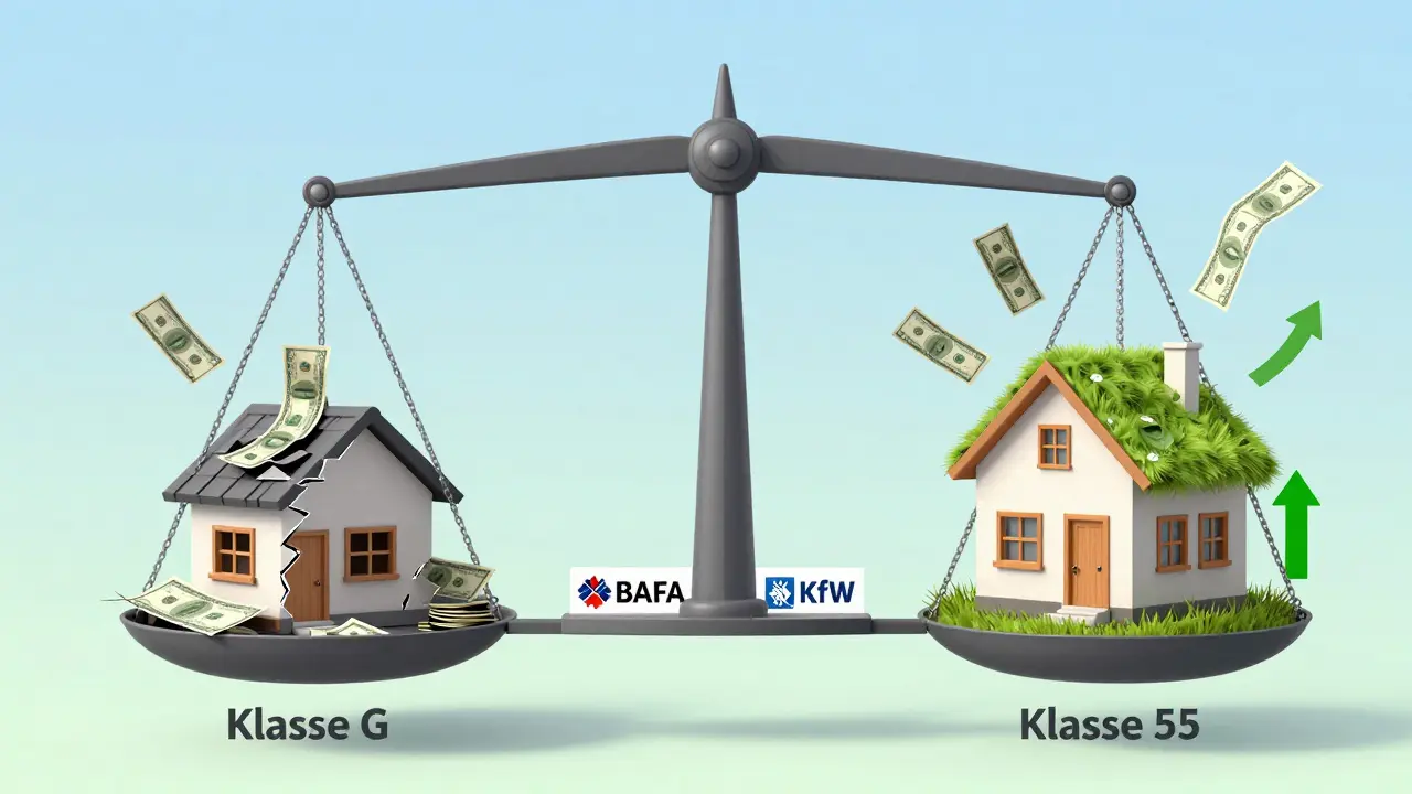 Finanzielle Waage: Altes Haus mit hohen Kosten vs. modernisiertes Haus mit Wertsteigerung.
