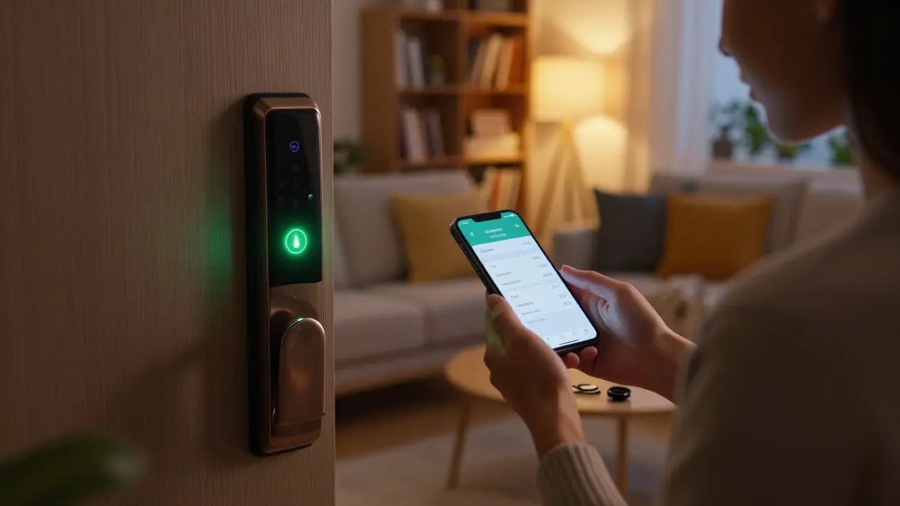 Frau prüft Zugriffsprotokoll auf Smartphone, während das digitale Schloss grün leuchtet.