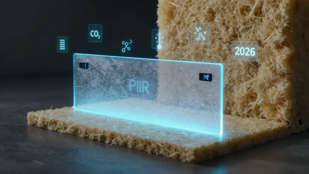 Futuristische Dämmplatte mit integrierten Sensoren, die Feuchtigkeit überwacht, neben traditionellen und nachhaltigen Materialien.