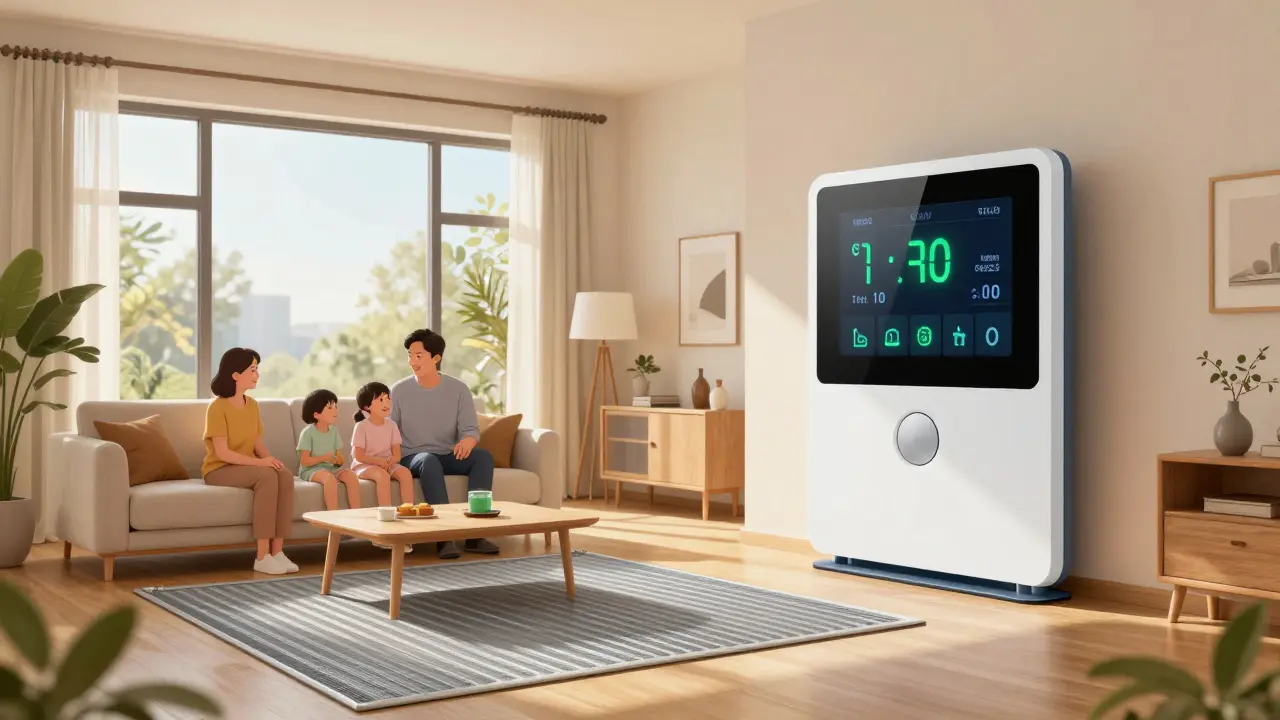 Gemütliches Wohnzimmer mit energieeffizienter Heizung und Energieverbrauchsanzeige.