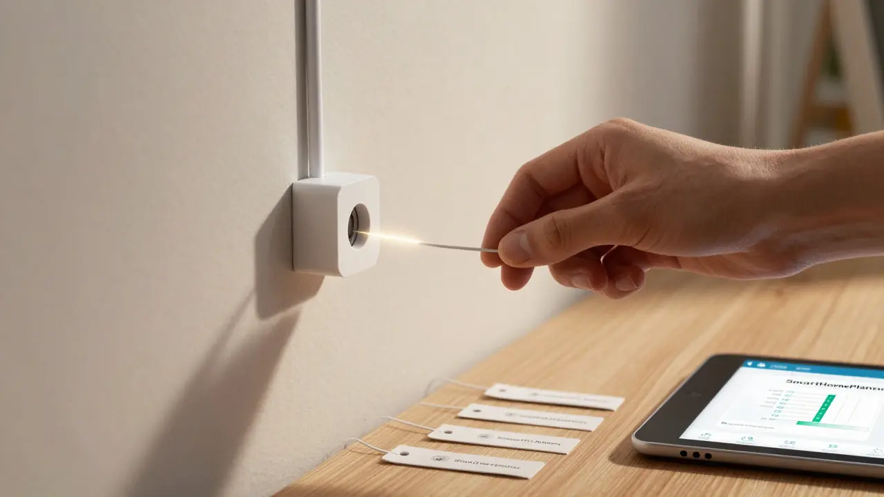 Hand zieht einen Smart-Sensor durch ein Leerrohr, während Kabel beschriftet sind.