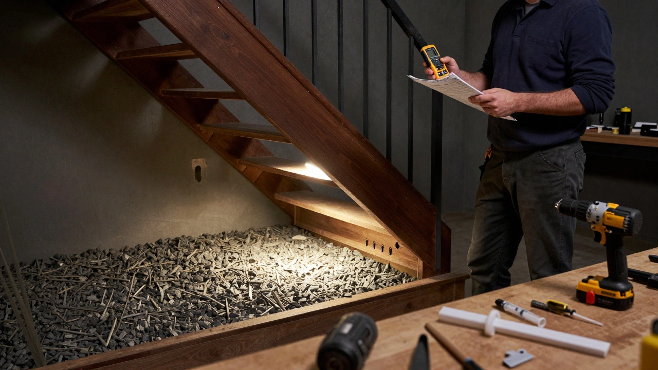 Handwerker prüft die Luftfeuchtigkeit an einer Treppe im Keller, mit Kieslage und Bohrlöchern von unten sichtbar.
