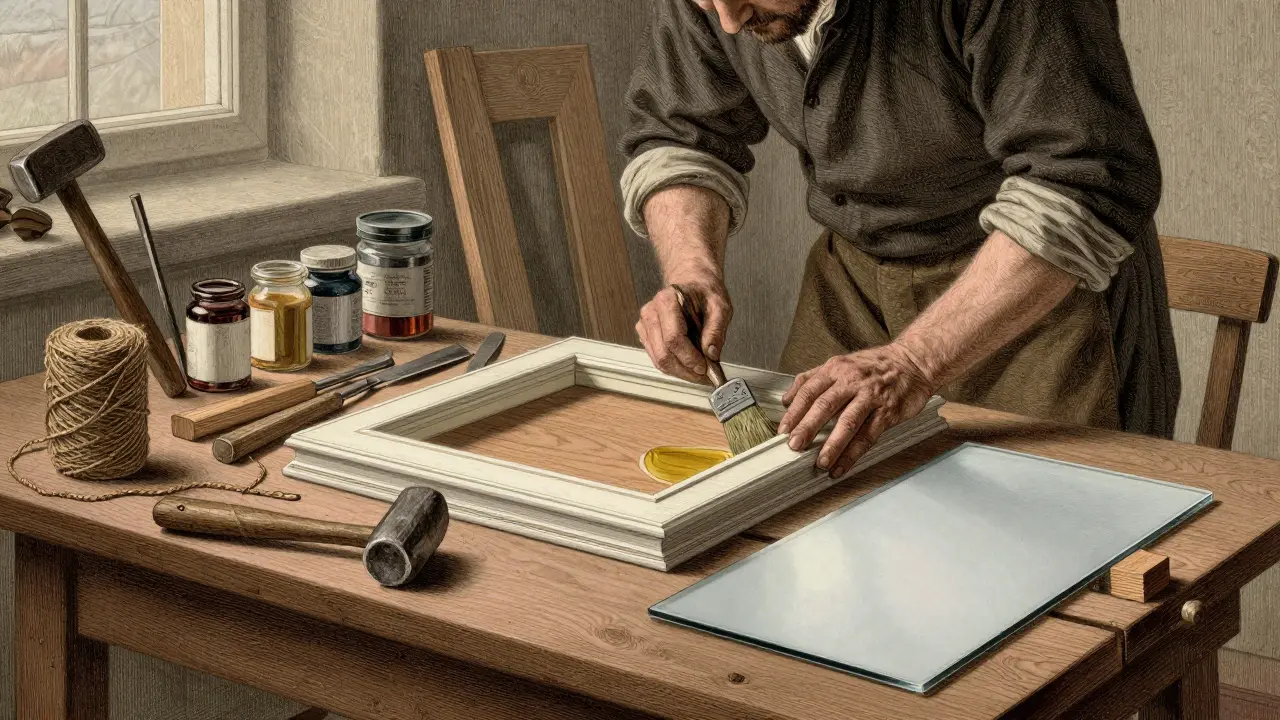 Handwerker repariert ein altes Fenster in einer Werkstatt mit traditionellen Werkzeugen und natürlichen Materialien wie Leinöl und Hanf.