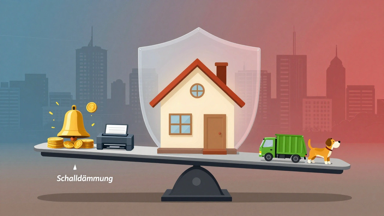 Haus auf einer Waage: Eine Seite mit Schallschutz und Goldmünzen, die andere mit Lärmquellen wie Glocke und Müllwagen.