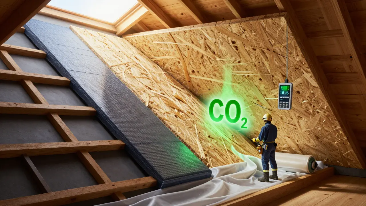 Hybriddämmung aus PIR und Holzfaser im Dachgeschoss mit CO₂-Speicherung und präziser Dampfbremse.