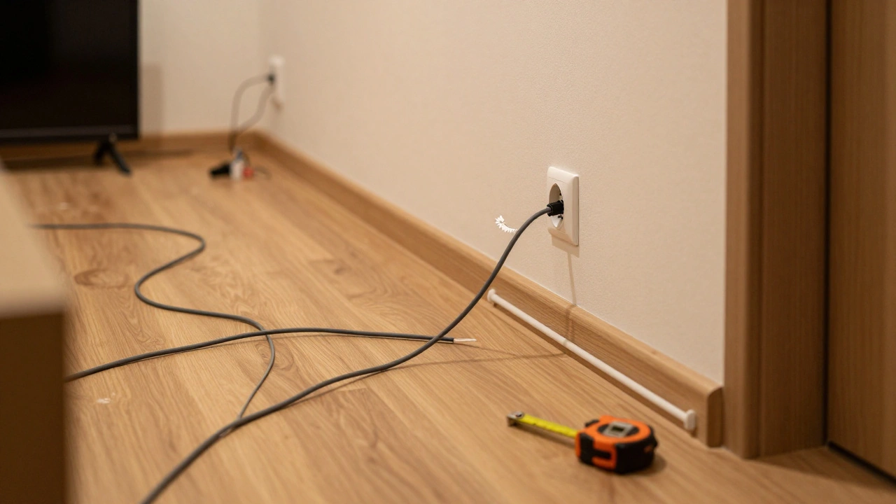 Kabel liegen quer über einen Flur, während ein Kabelkanal an der Wand installiert wird.