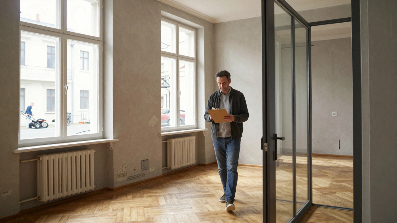 Käufer notiert Lärmquellen in einem Altbau mit handschriftlichem Protokoll, während draußen ein Rasenmäher läuft.