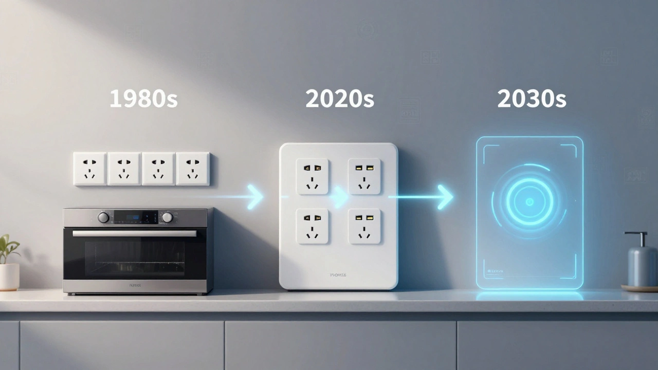Konzeptuelle Darstellung der Entwicklung von Küchensteckdosen: von 1980er-Jahren mit vier Steckdosen bis zur Zukunft mit drahtloser Ladetechnik und Smart-Home-Integration.