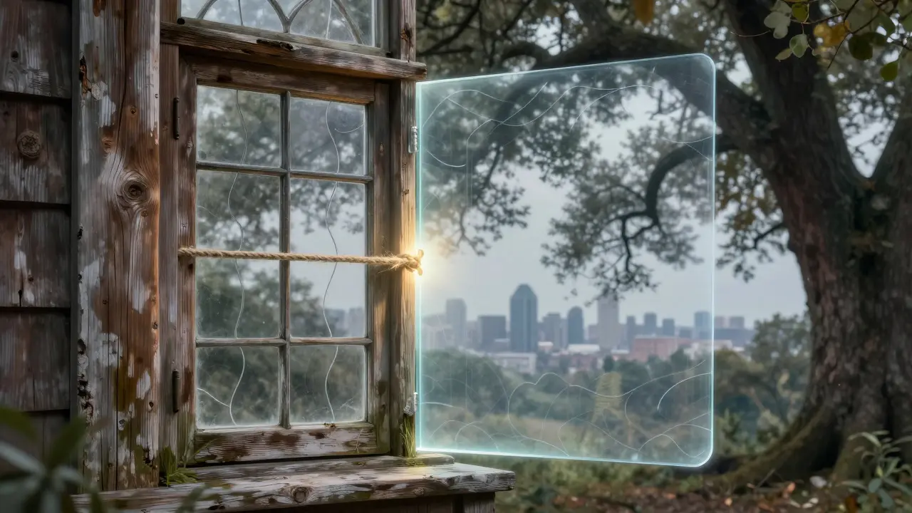 Konzeptuelles Bild: Historisches Fenster mit transparenter Isolierscheibe und Hanfdichtung, symbolisiert Nachhaltigkeit und Erhalt.