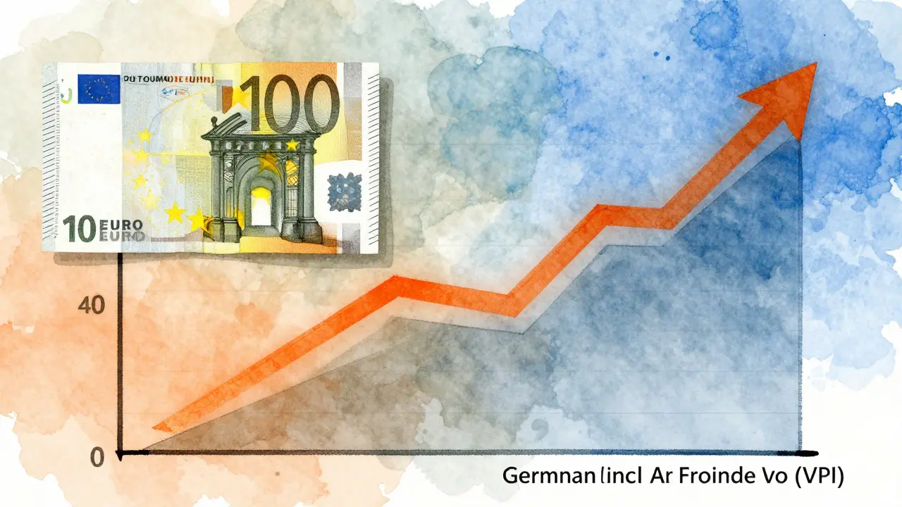 Konzeptuelles Bild: Inflationsgraph verwandelt sich in eine Mietkurve, geteilt zwischen fixem Betrag und Indexentwicklung.